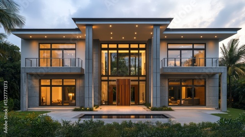 A modern villa with two stories  large glass windows  and a striking blend of concrete accents and grey cladding