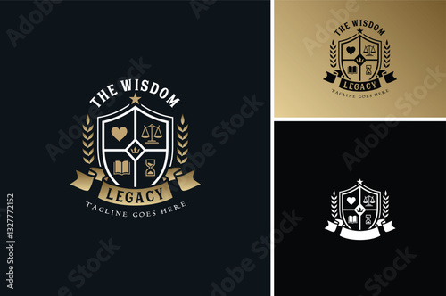 Heart Love, book, justice scales, King Queen Crown, Hour Glass and scroll ribbon for Family Wisdom Legacy Emblem or Kingdom Realm Coat of Arms or School University Classic Badge logo design 