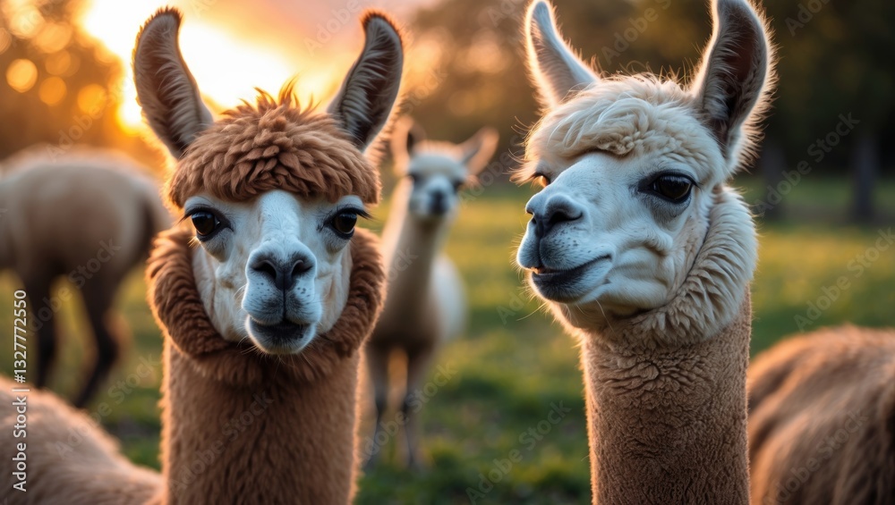 Obraz premium Portrait Closeup of a sweet brown blonde suri alpaca gazing at the camera on a sunny summer day.