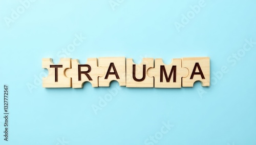 Wallpaper Mural The term TRAUMA is crafted from wooden puzzle pieces against a blue backdrop. Torontodigital.ca