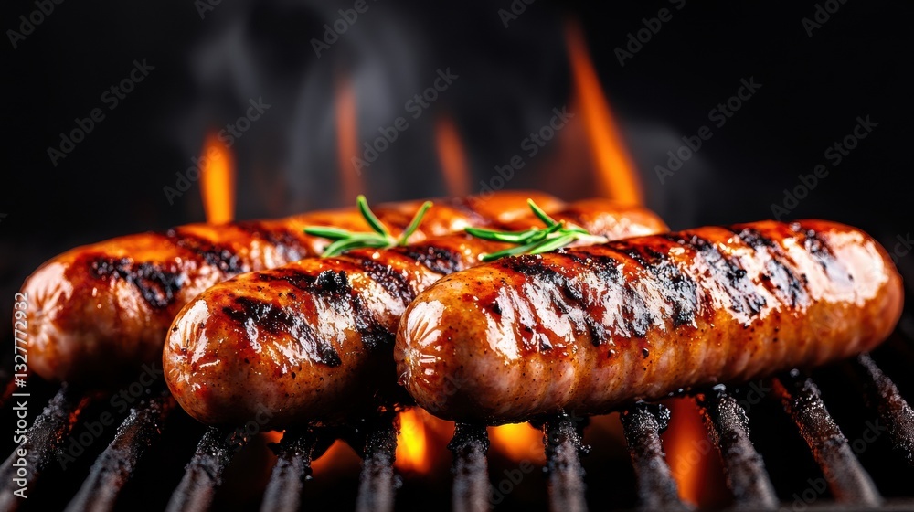 Grilled Sausages on Barbecue with Flames Grilled Sausages on Barbecue with Flames