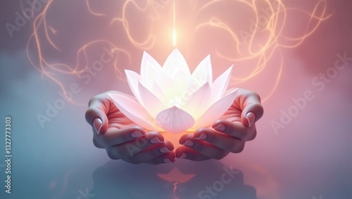 The Sacred Lotus - a womanâ€™s hands cupped with a glowing symbol hovering above on an energetic background