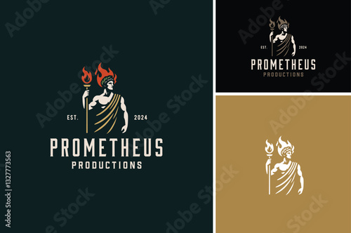 Greek Mythology Titan of Fire, Prometheus God holds a Torch Flame logo design
