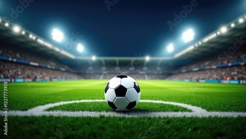 The soccer stadium featuring the ball positioned on the line.