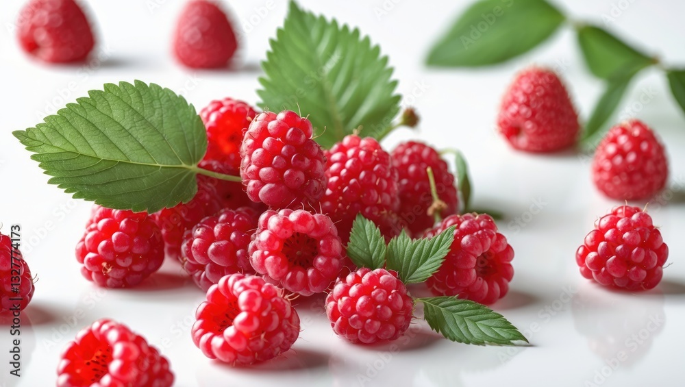 Raspberry on its own. Fresh red raspberries accompanied by green leaves. Raspberry with leaves shown isolated on a white background. Full depth of field. Raspberry on its own. Fresh red raspberries accompanied by green leaves. Raspberry with leaves shown isolated on a white background. Full depth of field.