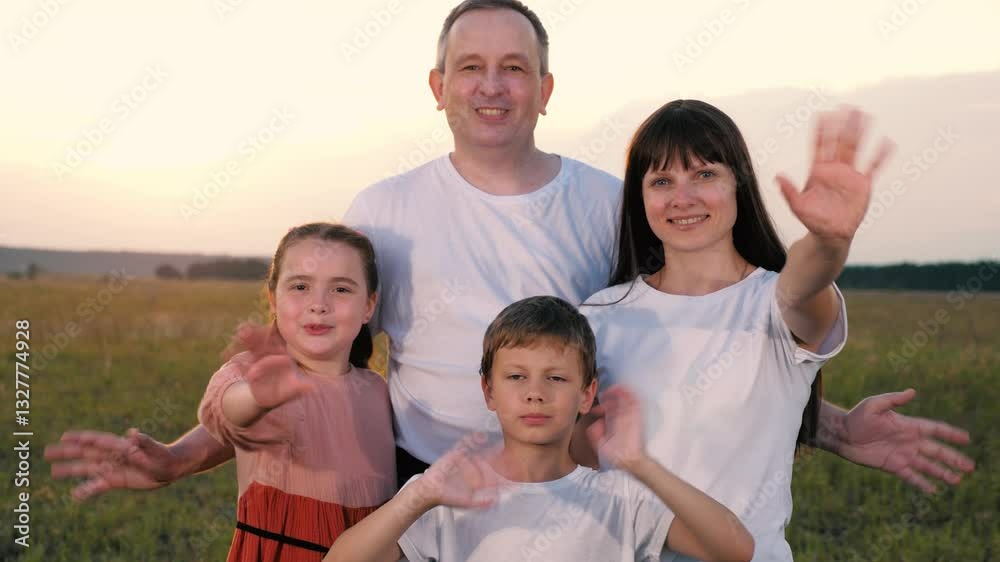 Happy family of parents and little children waving hands in evening field portrait. Smiling little children and parents show greeting gestures walk in country park. Happy family with little children Happy family of parents and little children waving hands in evening field portrait. Smiling little children and parents show greeting gestures walk in country park. Happy family with little children