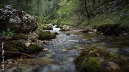 Tranquil Forest Stream Flowing Through Lush Greenery and Rocks