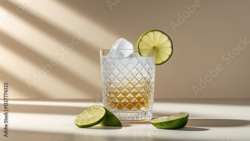 Ti punch alcoholic cocktail featuring white rum, sugar syrup, and lime, a traditional drink. Minimalist style with a beige background.