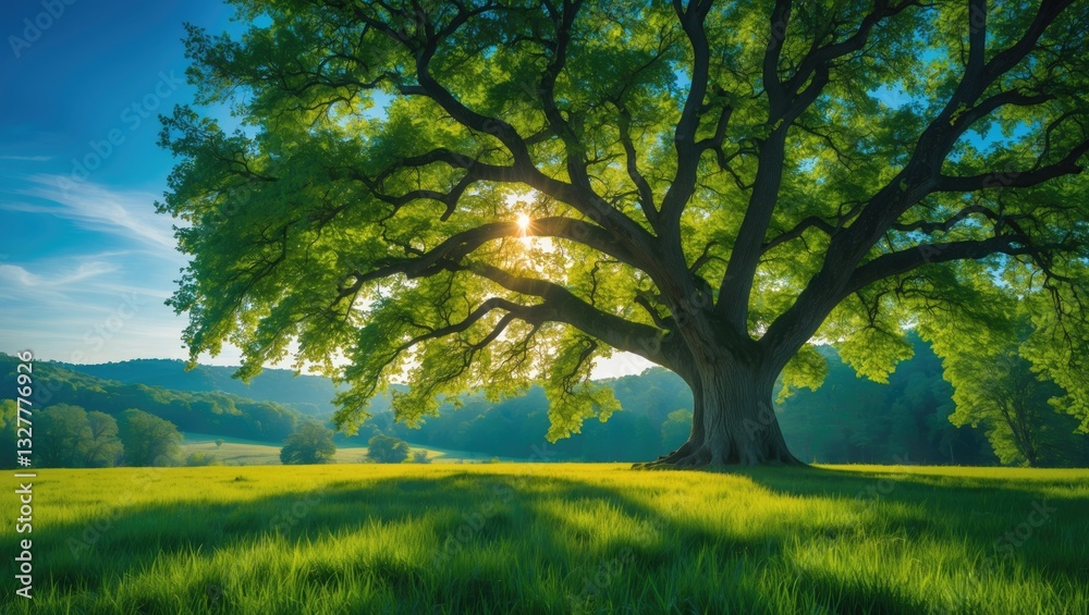 Fototapeta premium The sun filtering through a magnificent green oak tree in a meadow, with a bright blue sky in the background, panorama format.