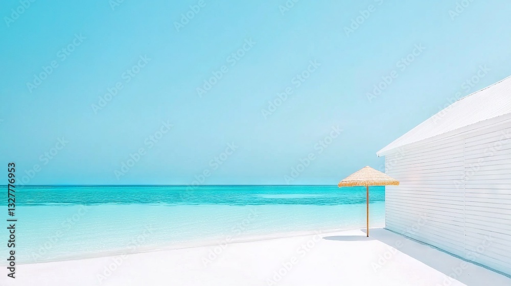 Fototapeta premium An umbrella sits on the beach adjacent to a white building and a blue ocean behind, with a blue sky above