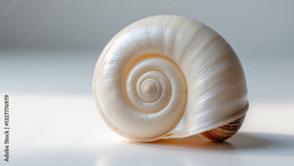 Image of a large empty ocean snail shell resting on a white background. Image of a large empty ocean snail shell resting on a white background.