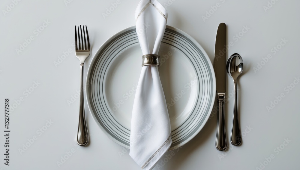 Place Setting with striped dinner plate, cutlery and serviette isolated on a white background. Place Setting with striped dinner plate, cutlery and serviette isolated on a white background.
