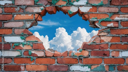Peering through a crack in a brick wall reveals the sky - escaping concept image.