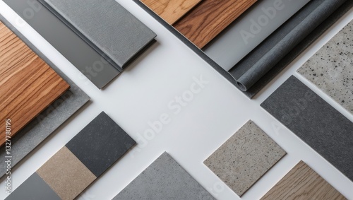 Interior material samples featuring wooden veneer, grey fabric laminated, stone and cement tiles, and a variety of metallic stainless isolated against a background with clipping path, presented on ...