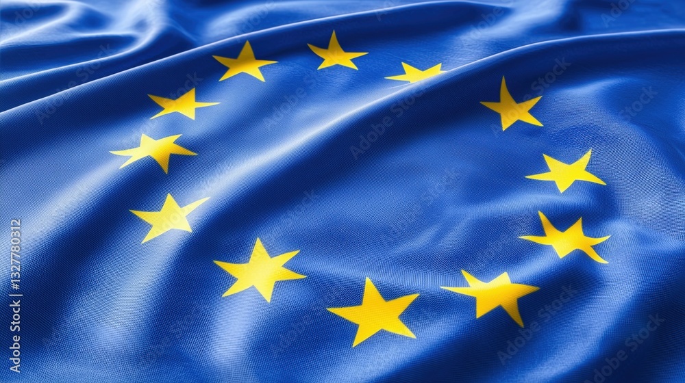 A close-up of the European Union flag with blue background and yellow stars. A close-up of the European Union flag with blue background and yellow stars.