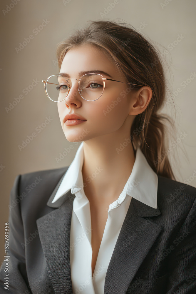 professional woman in suit and glasses, exuding confidence and poise. Her thoughtful expression suggests intelligence and determination professional woman in suit and glasses, exuding confidence and poise. Her thoughtful expression suggests intelligence and determination