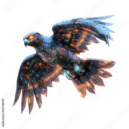 Cybernetic Falcon with Glowing Wings Isolated on Transparent Background