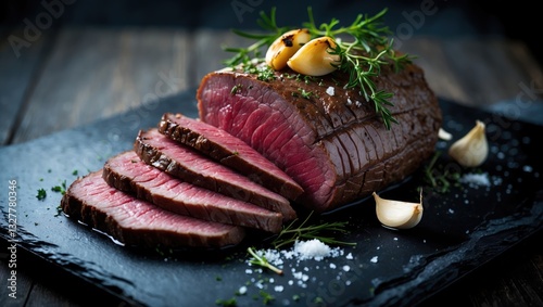 Traditional Commonwealth Sunday roast featuring thinly sliced cold cuts of roast beef with garlic and salt presented in close-up on a rustic charred wooden board.