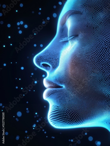 A futuristic digital representation of a face with glowing blue dots against a dark background.