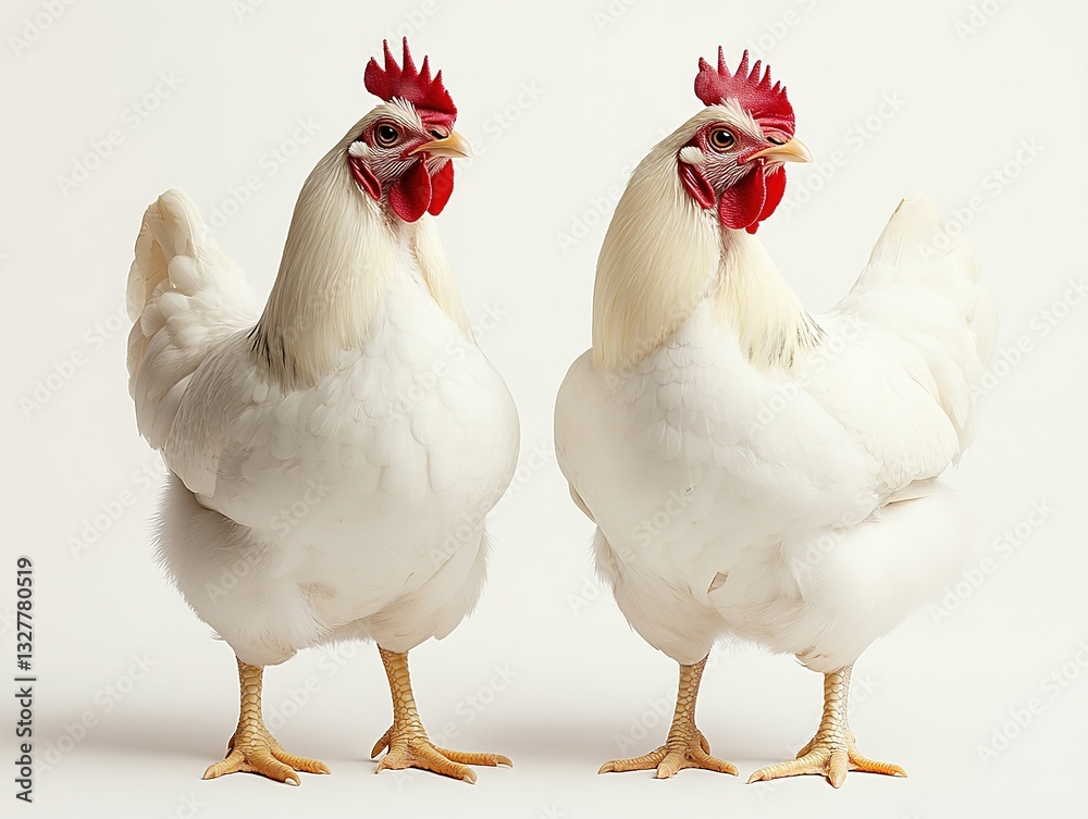 Fototapeta premium Two white chickens isolated on white. Pair of poultry birds standing together. White farm chickens on plain background