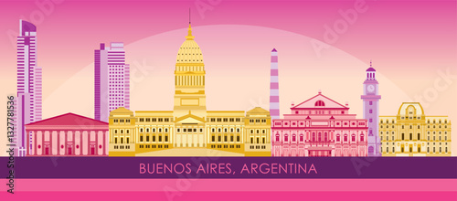 Sunset Skyline panorama of city of Buenos Aires, Argentina - vector illustration