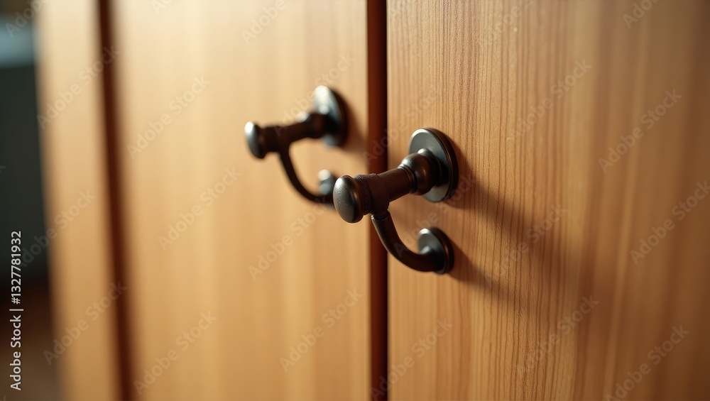 Luxury leather pull handle on wooden wardrobe door, furniture and interior object image. Selective focus on the handle section. Luxury leather pull handle on wooden wardrobe door, furniture and interior object image. Selective focus on the handle section.
