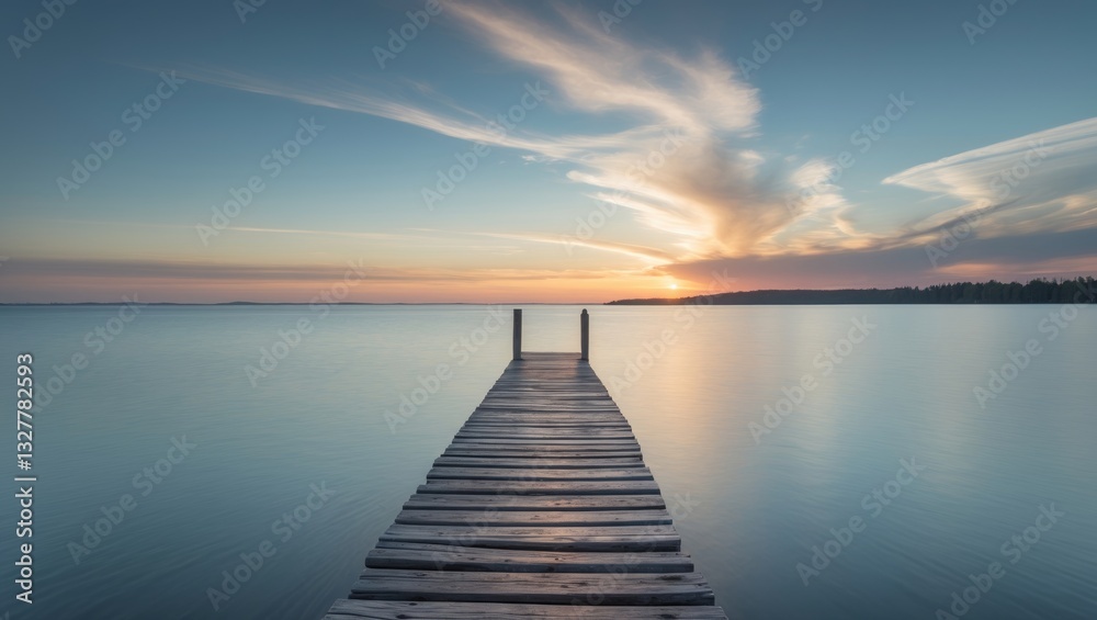 Fototapeta premium Jetty at a lake during Sunset, captured with a long exposure.