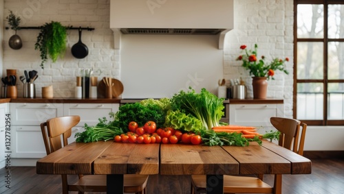 Modern cozy domestic kitchen interior, featuring fresh vegetables on the dining table that homeowners prefer for healthy food, showcasing a furnishing advertisement and a concept for renovation ser...