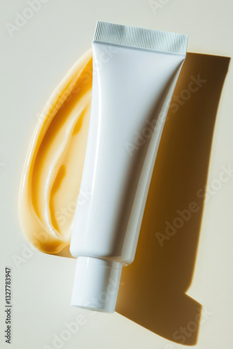 Wallpaper Mural white tube of cream with smooth yellow product squeezed out, casting shadow. composition highlights texture and color of cream, creating modern aesthetic Torontodigital.ca