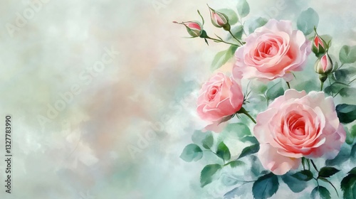 A soft, artistic depiction of pink roses with green leaves against a gentle, blurred background.