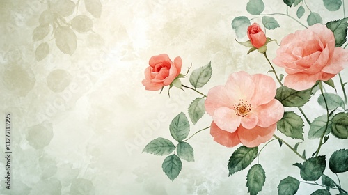 Delicate pink roses with lush green leaves against a soft, blurred background create a serene and elegant floral composition.