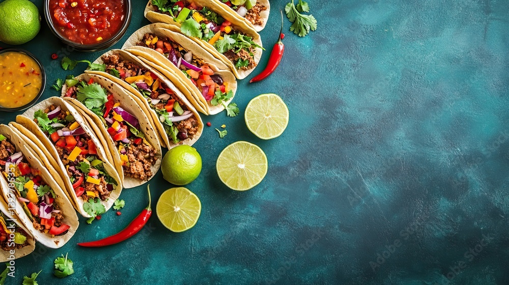 Obraz premium Delicious mexican tacos with vibrant ingredients on rustic green background, traditional food display for cinco de mayo, mexican culture celebration