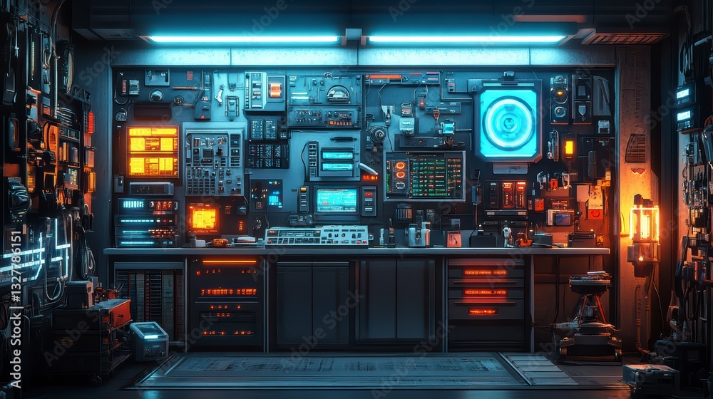 Cybernetic Workshop: A futuristic workshop, illuminated with neon lights, showcasing advanced technology and intricate electronics, creating an atmosphere of innovation and invention.