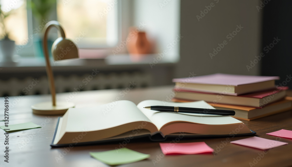 Fototapeta premium Open notebook with pen on wooden desk in study environment