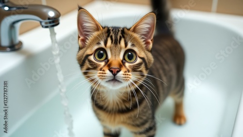 The striped three-colored cat, with large eyes, appears frightened of water, is reluctant to wash, and attempts to flee from the bath.