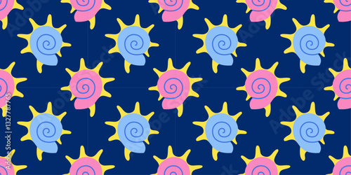 Seamless pattern with sea shells Hand drawn trendy flat style seashell. Tropical beach shells. Summer seamless pattern. Vector illustration