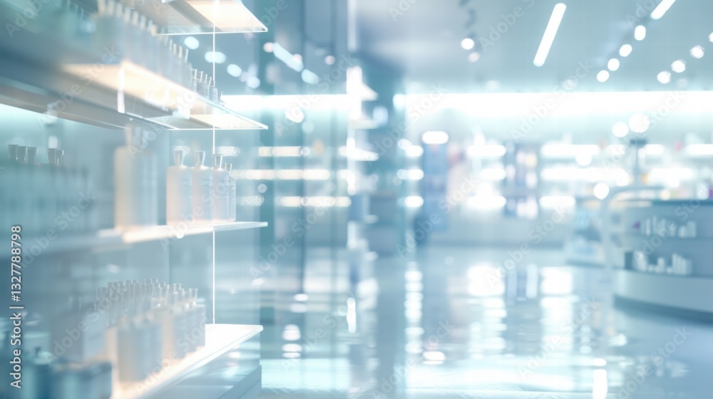 Fototapeta premium Blurry medical store with defocused shelves of medicines and health products.