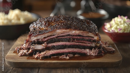 appetizing photo of tender pulled pork BBQ, the iconic dish of North Carolina. The pork is slow-cooked and shredded, served with a tangy vinegar-based sauce and coleslaw. 