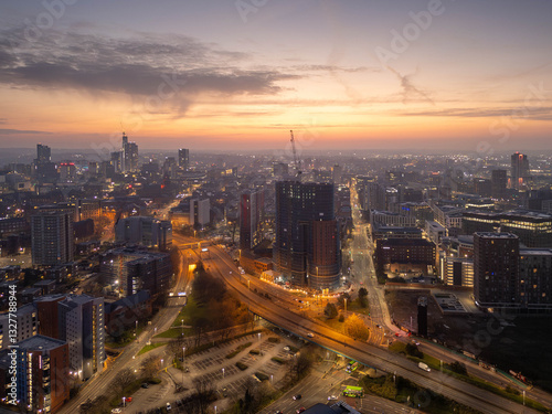 Aerial View of Leeds City Centre at Dawn with Urban Landscapes and Roads photo