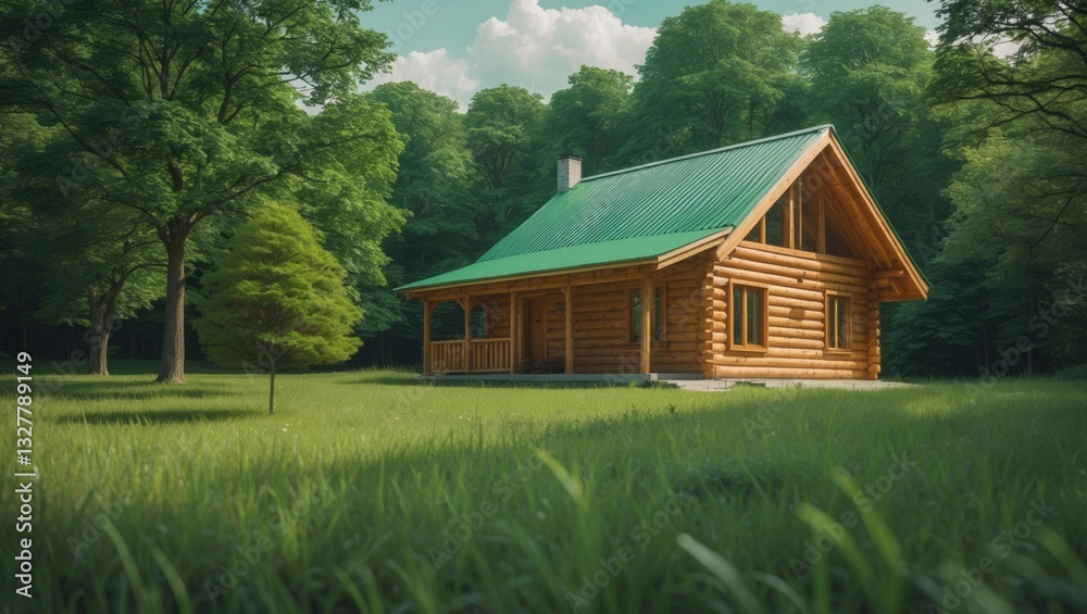 Fototapeta premium Horizontal image of wooden house in green forest. Advantages and disadvantages of wooden house and real estate concept.