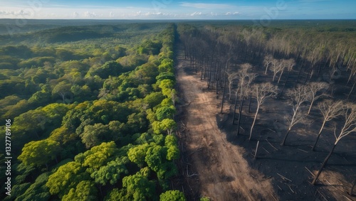 Aerial view of the Amazon rainforest showing illegal deforestation with trees cut and burned for agricultural and cattle pasture land. Ecology, environment, global warming, CO2.