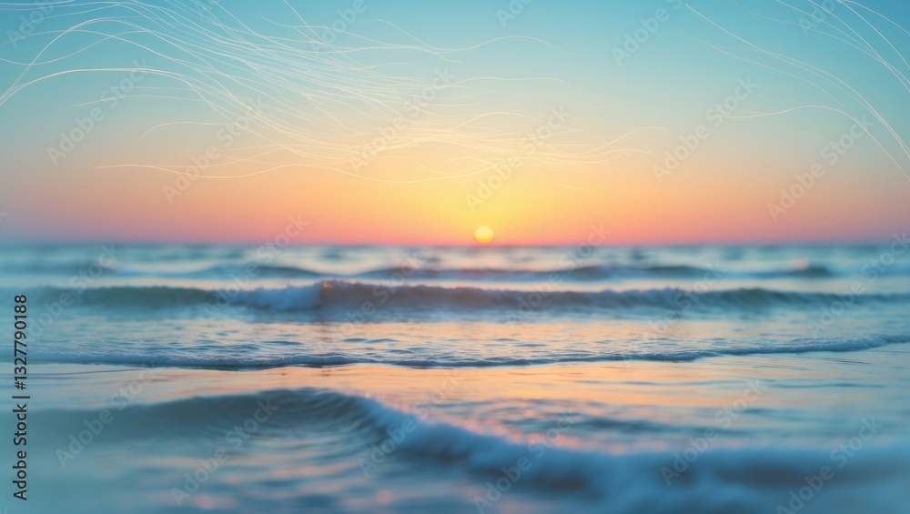 Sunset above the ocean, abstract seascape backdrop, line art, gentle blur, water surface Sunset above the ocean, abstract seascape backdrop, line art, gentle blur, water surface