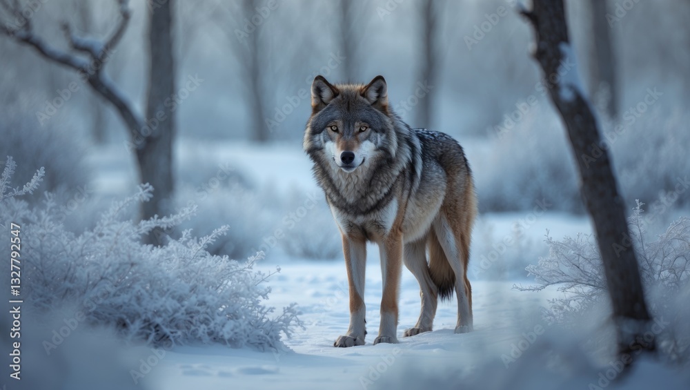 Naklejka premium Eurasian wolf in untouched snow, looking ahead with intense eyes, radiating wild beauty, strength, and resilience in its natural winter environment.