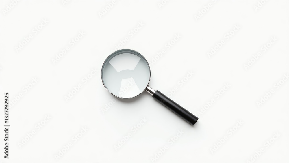 One magnifying glass placed on a white isolated background, viewed from above. One magnifying glass placed on a white isolated background, viewed from above.