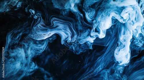 Abstract blue and white swirls create a fluid, ethereal composition, resembling smoke or watercolor effects on a dark background.
