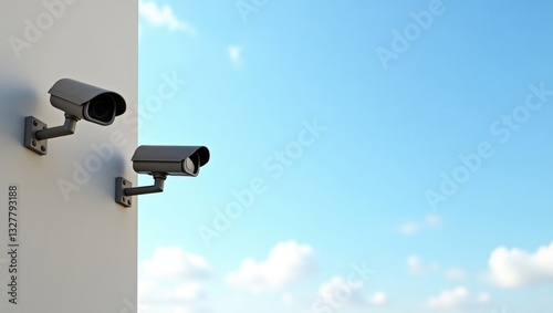 Two outdoor CCTV security cameras mounted on the wall of a house. Safe and comfortable urban setting. Crime control and prevention. Street security. Enhancing the quality of life.