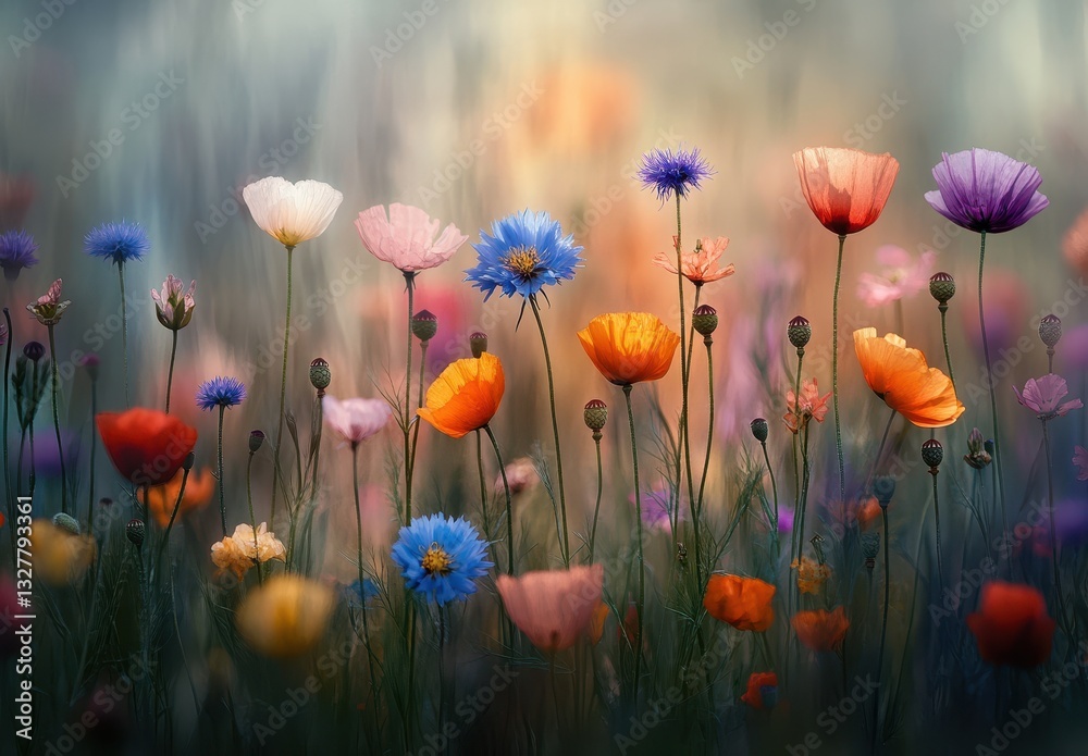 Obraz premium A Colorful Meadow Full of Vibrant Wildflowers in Bloom under Soft Natural Light Captured in a Serene and Peaceful Outdoor Environment