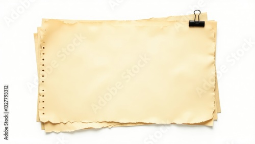 Stack of aged vintage papers set against a white background