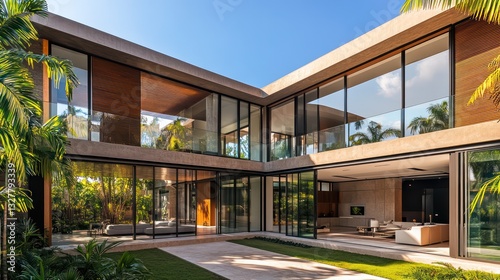 A spacious modern villa with glass walls on the first floor that seamlessly connect the living spaces to the lush outdoor garden