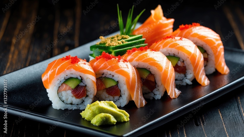 Sushi roll featuring salmon, smoked eel, avocado, and cream cheese against a black background. Sushi menu. Japanese cuisine. Sushi roll featuring salmon, smoked eel, avocado, and cream cheese against a black background. Sushi menu. Japanese cuisine.